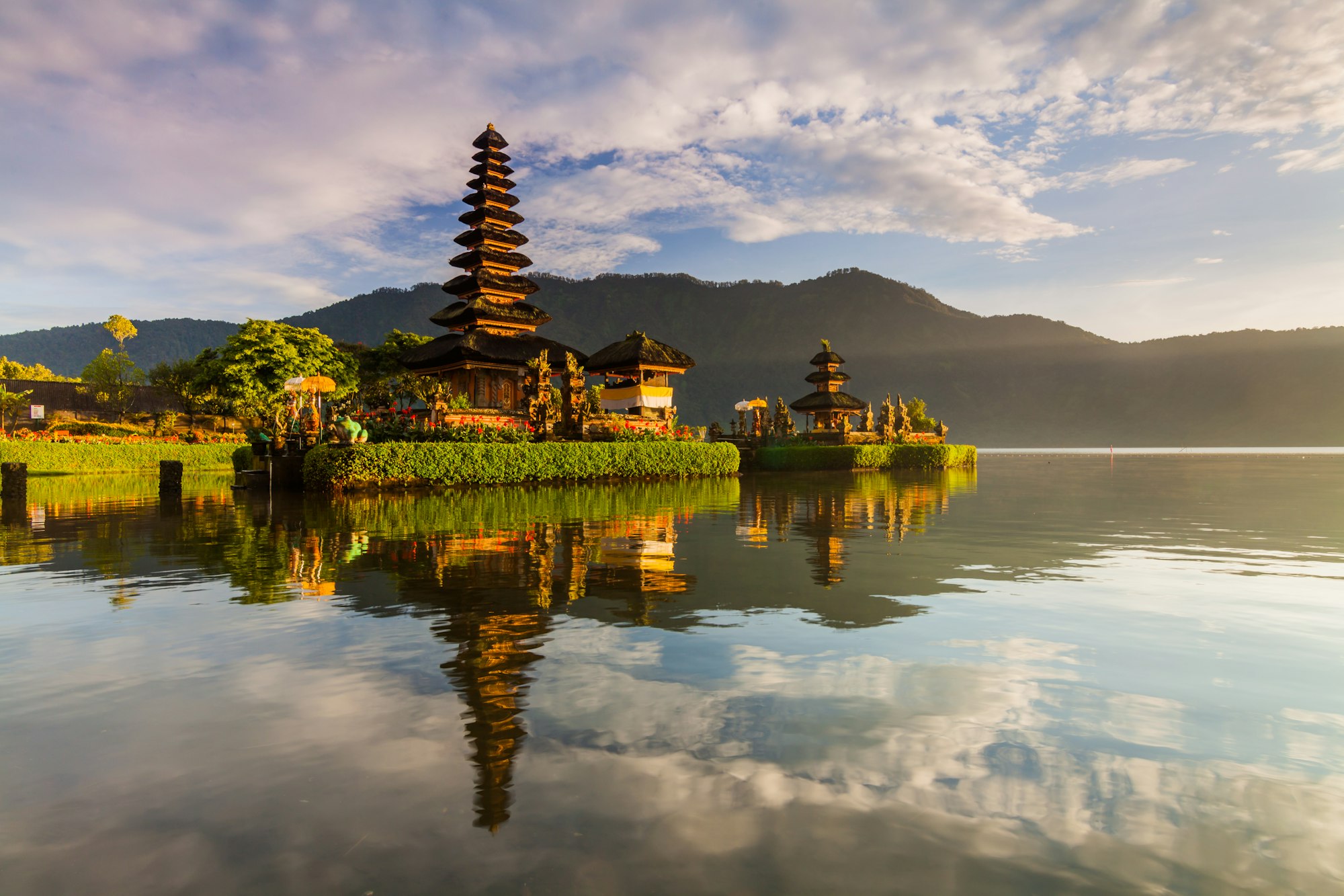 Pura Ulun Danu Bratan temple in Bali island. Hindu temple in flowers on Beratan lake, Asia.