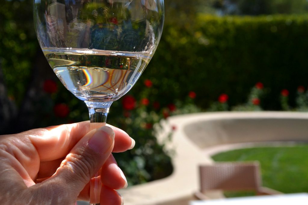 A woman holding up a glass of white wine to check coloring. Outdoor wine tasting sampling Napa CA